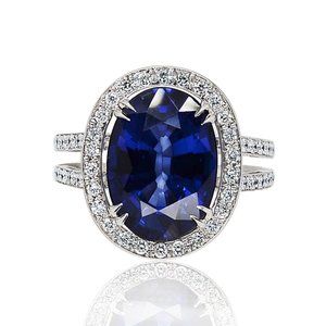 9.30 Ct. tw. Blue Sapphire with Diamonds Ring 18K White Gold